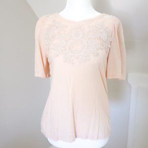 LOFT Light Pink Crochet Detail Tee Shirt Top XS